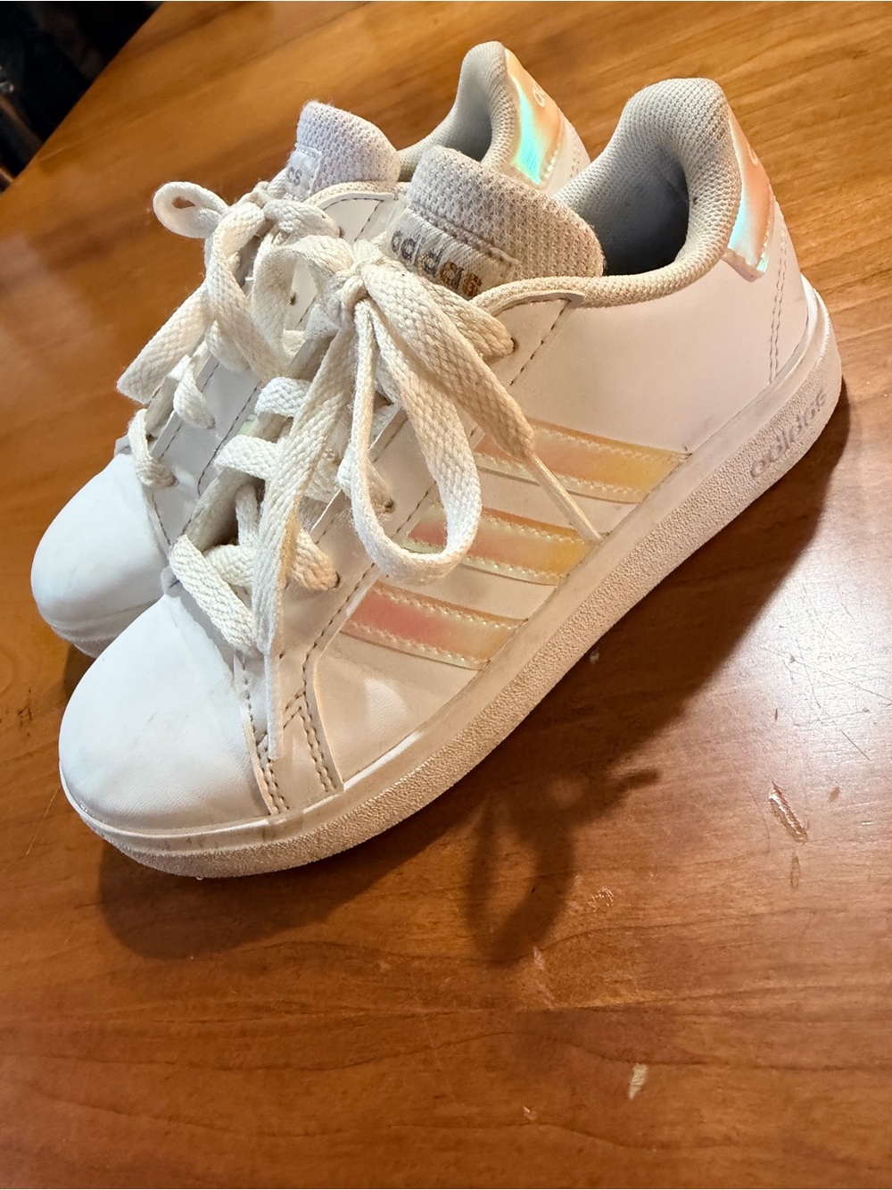 adidas Kids White Sneakers with Iridescent Pink and Gold Stripes